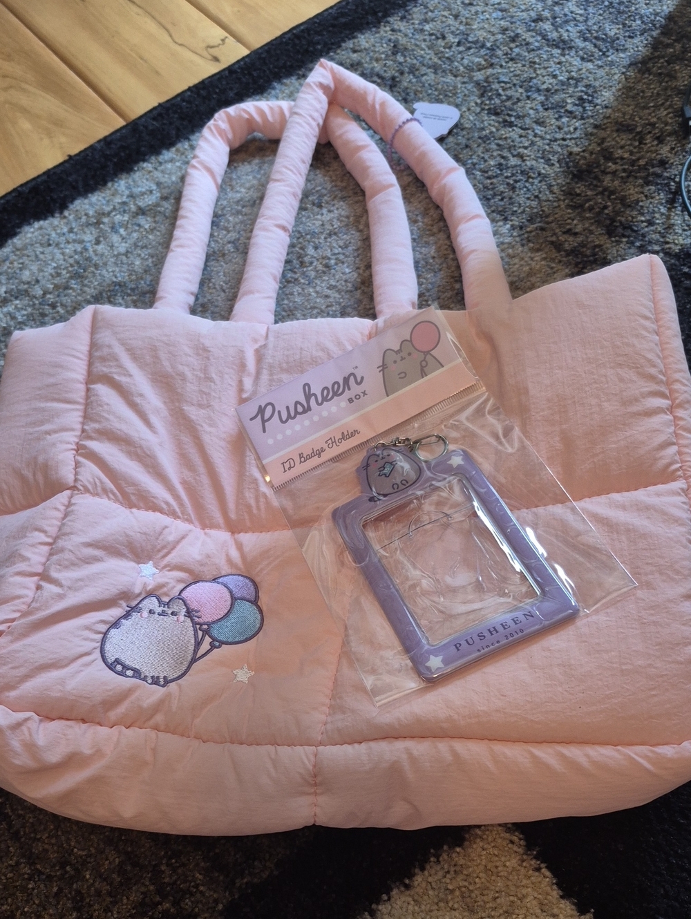 Pusheen Pink Quilted Tote with Balloon Embroidery and ID Badge